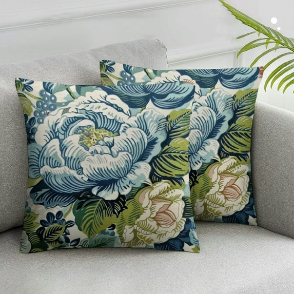 Nawypu Chinoiserie Pillow Cover Set of 2 Teal Flower Navy Blue Throw Pillow Covers Floral Outdoor Farmhouse Pillowscase Square Cushion Covers for Sofa Couch Bedroom Living Room Decoration