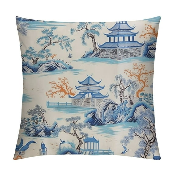 Nawypu Chinoiserie Pillow Covers Blue and White Outdoor Pillows Chinese Pagoda Throw Pillow Covers Square Cushion Cover Decor for Bedroom Couch Bed Room