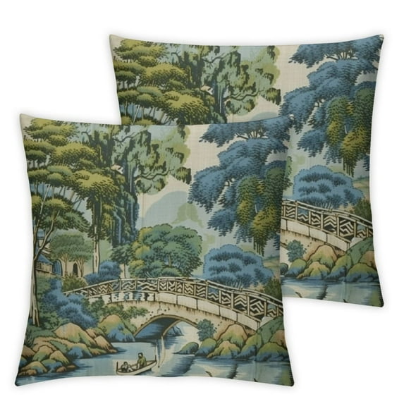 Nawypu Chinoiserie Pillow Covers Set of 2, Asian Vintage Blue Green Scenic Decorations Chinoiserie Decor Throw Pillow Covers Farmhouse Outdoor Decorative Cushion Case for Couch Sofa Home
