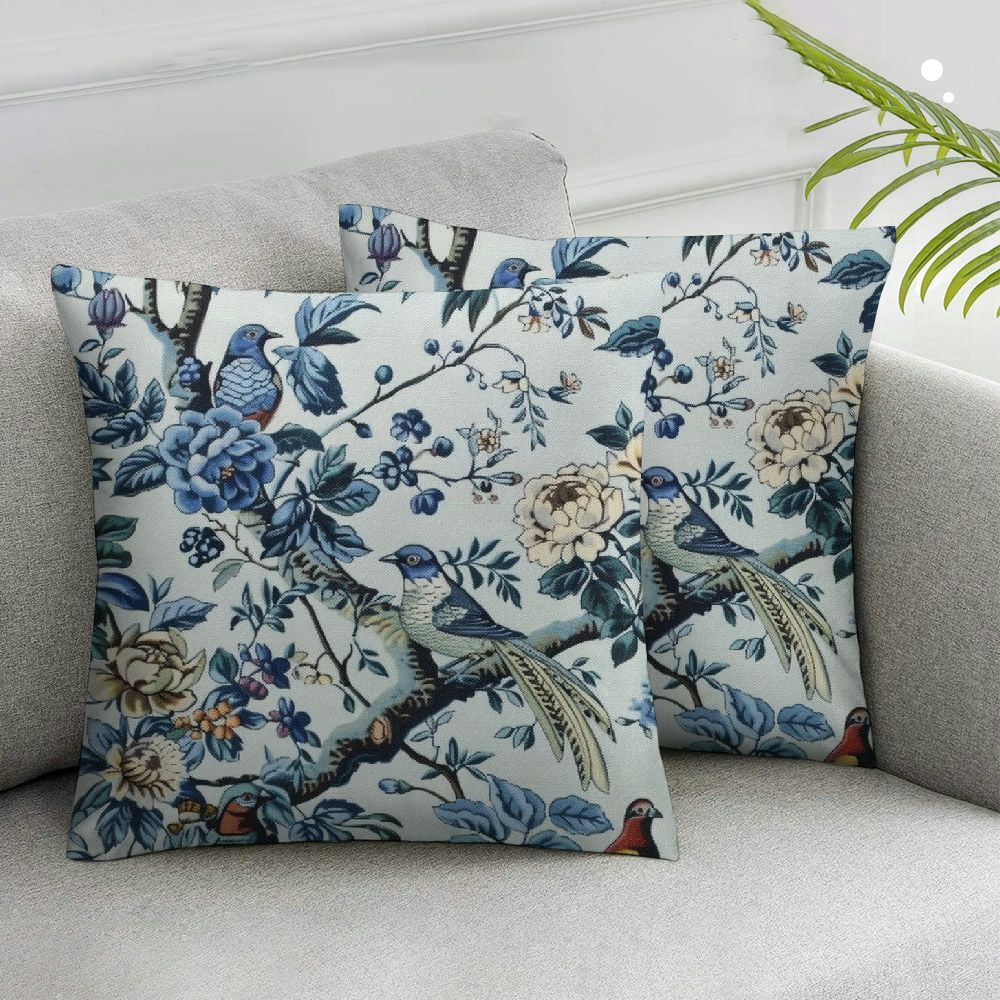 LOHDALOLF Floral Paisley Throw Pillow Covers - Set Of 2, 18x18 Inch, Blue Velvet, Chinoiserie Design