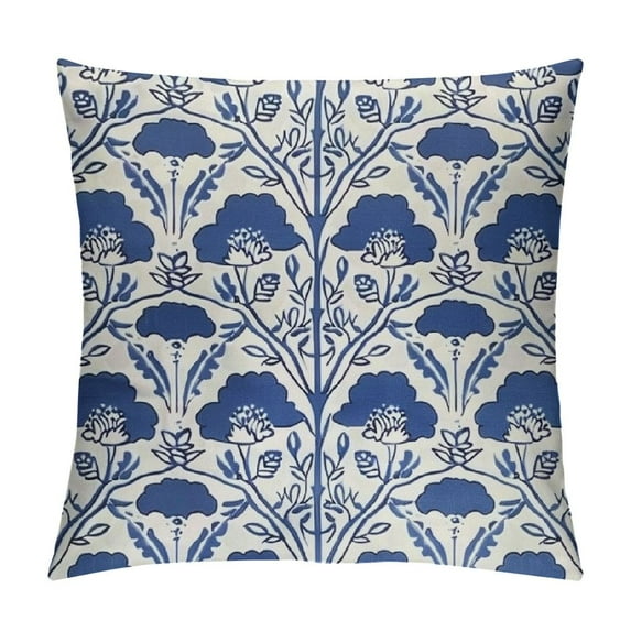 Nawypu Chinoiserie Throw Pillow Cushion Blue and White Geometry Flower Pillow Cover Floral Geometry Blue Pillow Farmhouse Decor for Bedroom Sofa Couch