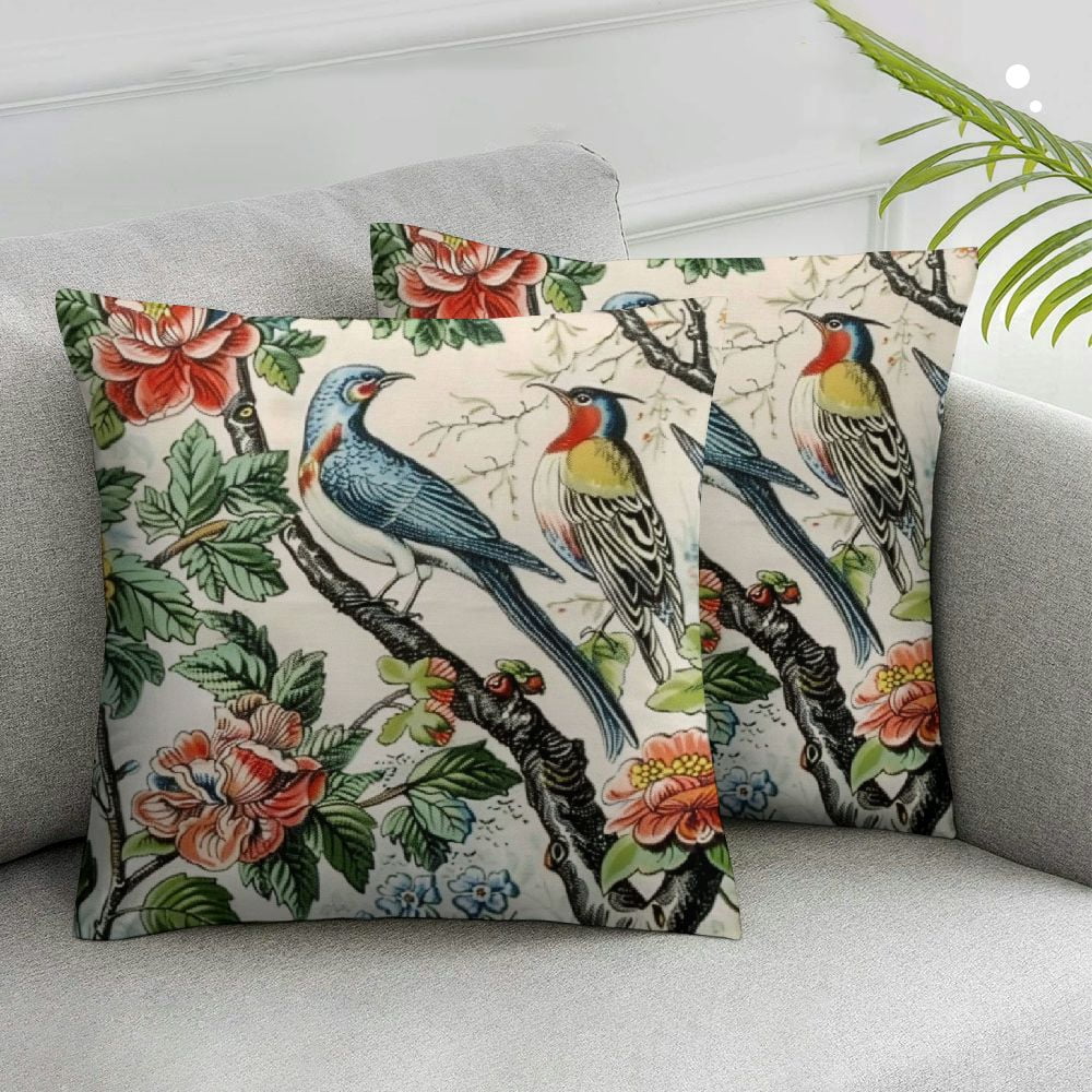 Blue Chinoiserie Floral Pillow Cover 22x22 Inches - Asian Style Linen Throw Pillowcase For Sofa, Bed, Or Couch