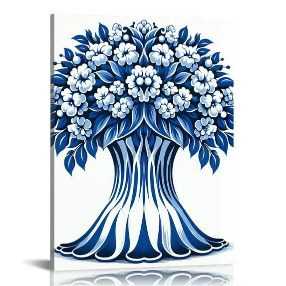 Nawypu  Chinoiserie Wall Art Print -Peony Flower Canvas Print - Chinese Blue White Porcelain Vase Artwork for Garden Farmhouse Office Decor
