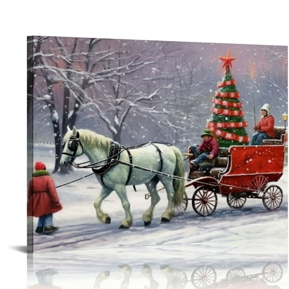 Nawypu Christmas Canvas Wall Art, Children and Horse Pull Sledges, Christmas Trees Decorations Artwork Print on Canvas, Country Christmas Wall Art Decorations for Home Living Room Decor