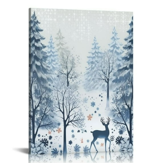Nawypu Christmas Canvas Wall Art Framed Wall Decoration Blue Snowflake Winter White Wall Reindeer Elk Forest Aesthetic Wall Artwork Ready to Hang Wall Pictures for Living Room Xmas Decor