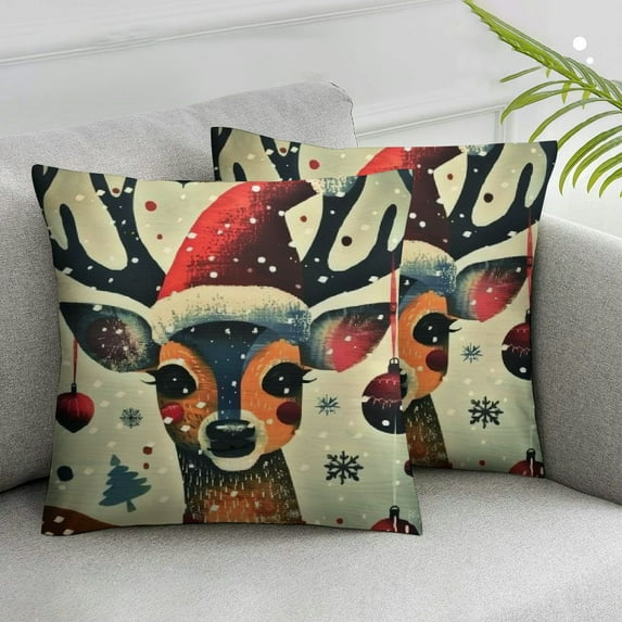 Nawypu Christmas Deer Picture Throw Pillow Covers Set, Square Throw Pillow for Couch, Bed, Sofa, Bench, Chair,Suitable for All Season Pillow Case for Livingroom Bedroom,2 Pcs White