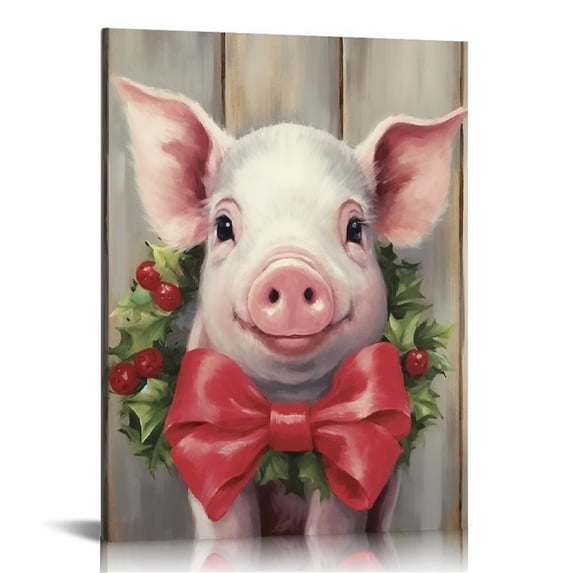Nawypu Christmas Pig Canvas Wall Art Print Funny pig Painting Poster, funny farm animal Mural for Bedroom Bathroom and Kitchen Framed