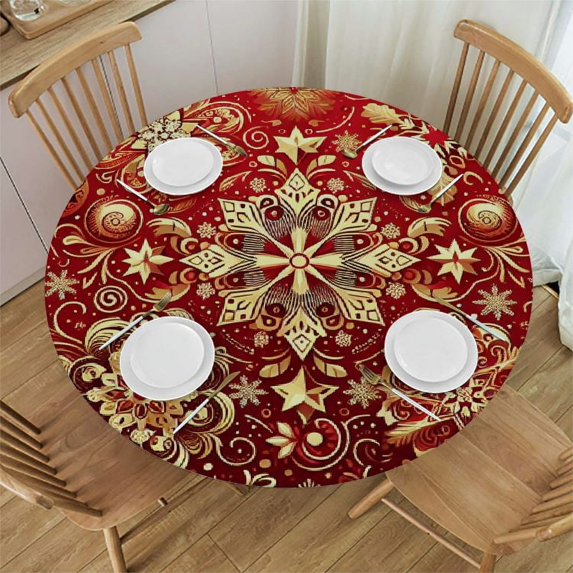 Nawypu Christmas Snowflakes Round Fitted Tablecloth Elastic Edge Waterproof Oil-Proof Table Cover Stain-Resistant Table Cloth Fits Round Tables
