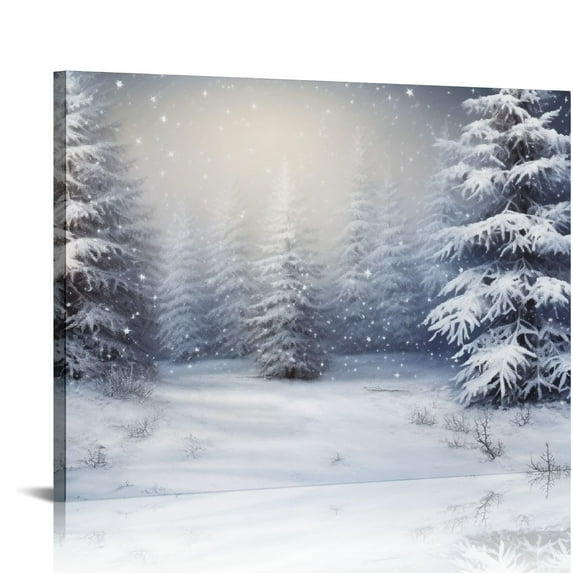 Nawypu Christmas Tree Canvas Wall Art, Winter Snow Scene Poster Pictures for Christmas Wall Decoration, Shimmering Forest Canvas Christmas Trees Painting Framed Artwork for Living Room Decor