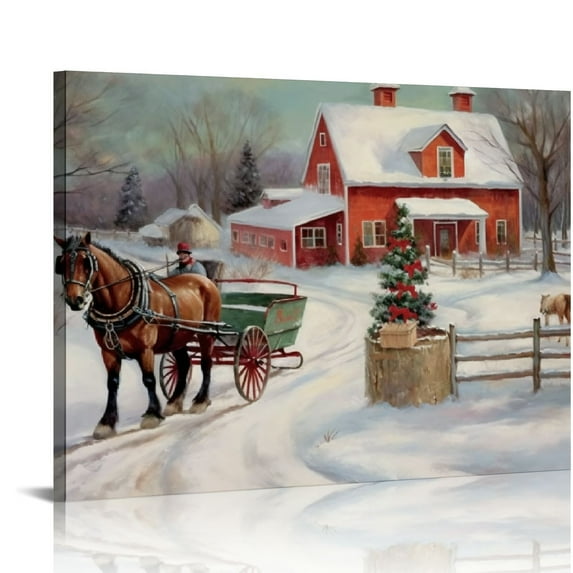 Nawypu Christmas Tree Farm Wall Art, Country Winter Scene with Red Barn, Charming Decorations, Premium Gallery Wrapped Canvas Decor, Ready to Hang,