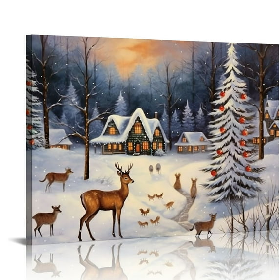 Nawypu Christmas Winter Scene House Wall Decor - Deer Christmas Tree Painting Prints Animal Pictures Animal Elk Poster Canvas Art Wall Decor Modern Framed Artwork