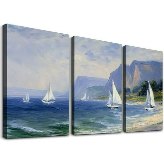 Nawypu Cliffs and Sailboats at Pourville by Claude Monet Premium Gallery Wrapped Canvas (12''x16''X3 Panels, Ready-to-Hang)