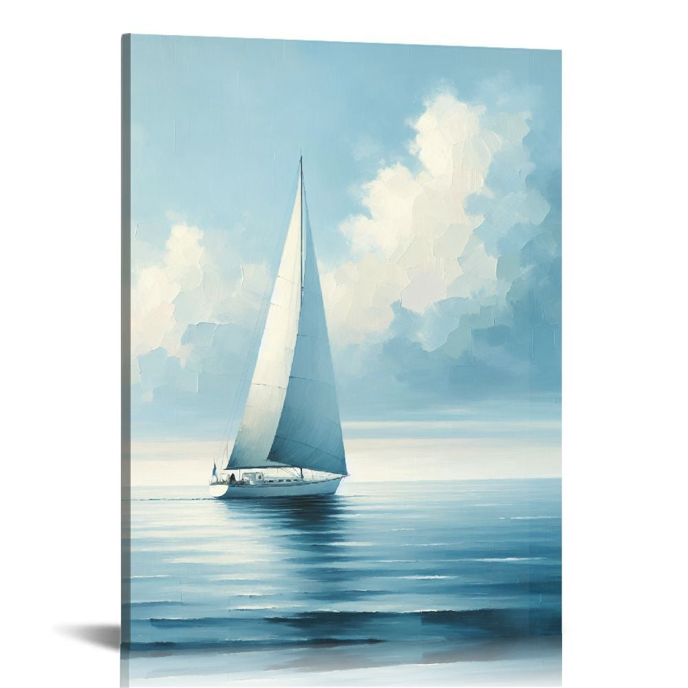Nawypu Coastal Canvas Wall Art - Blue Boat Painting - Beach Scene ...