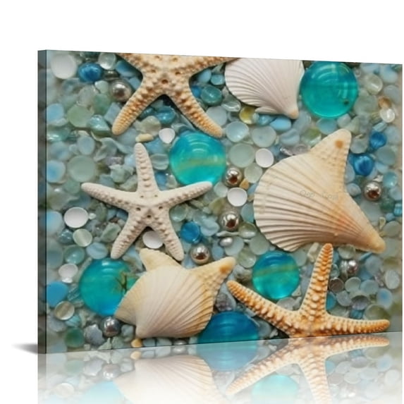 Nawypu Coastal Farmhouse Canvas Print Wall Decor Ideas Sea Artwork for Bedroom Beach Decor Starfish Seashell Wall Art for Nautical Bathroom Starfish Wave Wall Hanging Beach Art with Shells Seashell