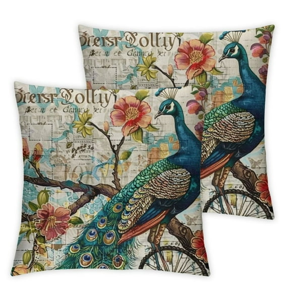 Nawypu Colorful Peacock Feather Peach Tree English Vintage Background Throw Pillow Case Cushion Cover Home Sofa Decorative 2pc