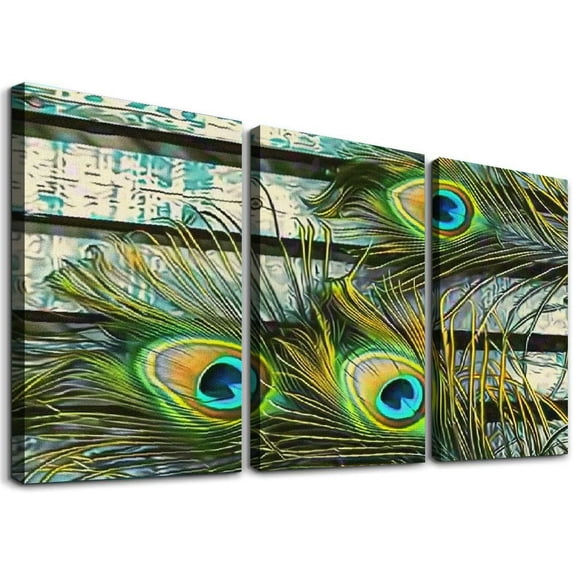 Nawypu  - Colorful Peacock Feathers Artwork - Rustic Canvas Wall Art Home Art