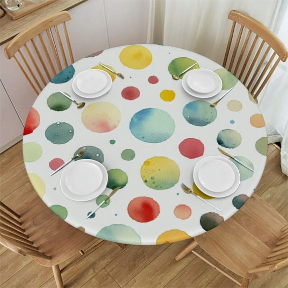Nawypu Colorful Polka Dot Circles Round Fitted Tablecloth Elastic Edge Waterproof Oil-Proof Table Cover Stain-Resistant Table Cloth Fits Round Tables