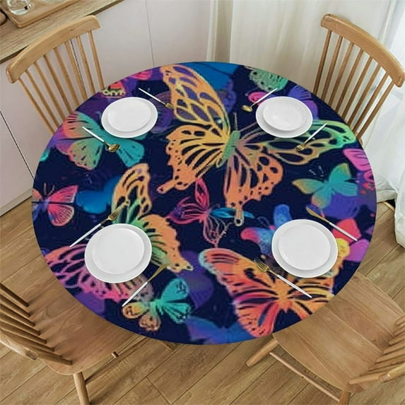 Nawypu  Colorful Rainbow Butterflies Vintage Fitted Round Table Cover with Elastic Protector Table Kitchen Dinner Waterproof Oil-Proof Tablecloth