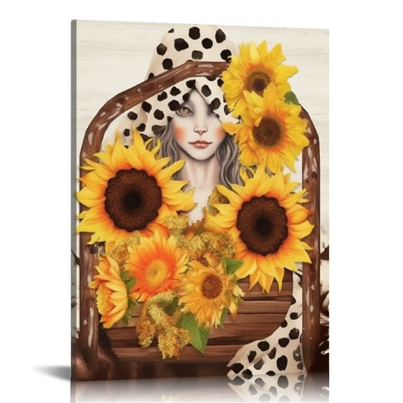Nawypu Country Leopard Print Sunflower Gnome Canvas Prints Wall Art Decor Desk Sign Sunflower Gnome Poster Painting Framed Artwork Home Shelf Wall Decoration