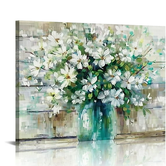 Nawypu Country Style Canvas Wall Art Teal Blue Mason Bottle White Flower Rustic Wall Decor Art Hanging in The Bedroom Bathroom Living Room Dining Room Office Fireplace Kitchen Murals Decor