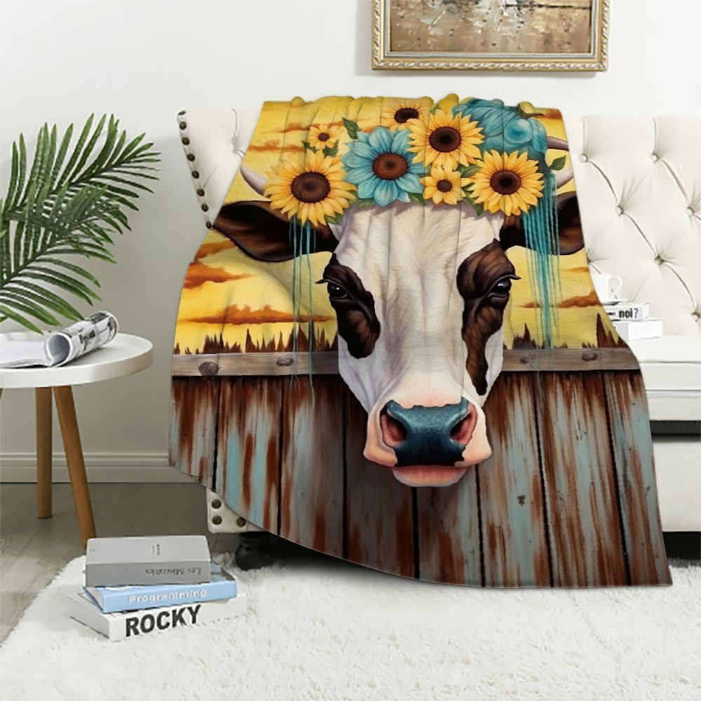 Nawypu Cow Skull Throw Blanket Watercolor Retro Sunflowers Cowhide