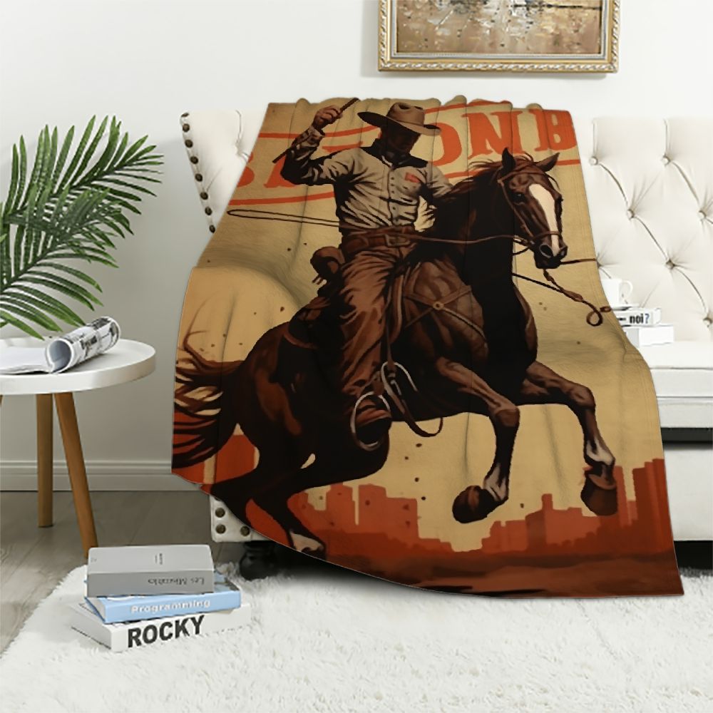 Nawypu Cowboy Throw Blanket Rodeo Poster with a Cowboy Sitting on a