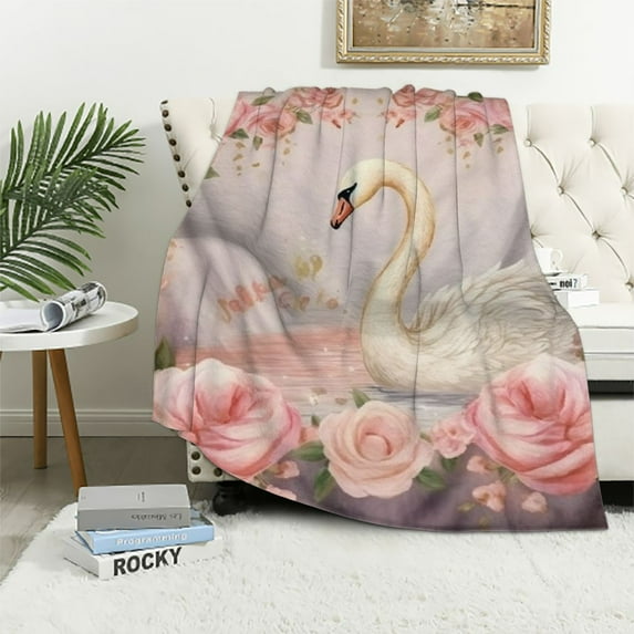 Nawypu Custom Blanket Pretty Swan Princess Pink Floral Soft Throw Blanket with Name for Gifts Sofa Bed