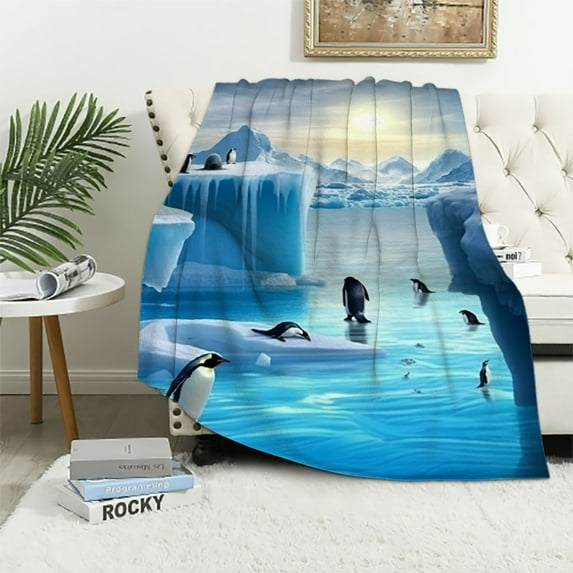 Nawypu Custom Penguins On The Iceberg and Water Pattern Bed/Sofa Soft Throw Blanket