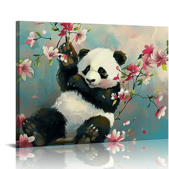 Nawypu Cute Animal Canvas Wall Art Baby Panda Playing with Flower Pictures Print Chinese Style Painting Artwork Stretched and Framed Artwork for Kids Bedroom Living Room Nursery