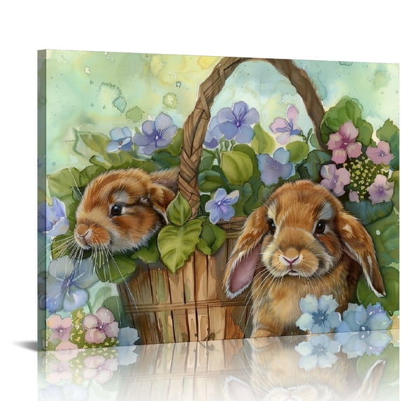 Nawypu Cute Bunny Wall Art Blue Flowers Canvas Print Picture Farmhouse Wall Decor rabbit