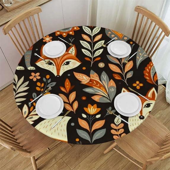Nawypu Cute Cartoon Fox Floral Round Fitted Tablecloth Elastic Edge Waterproof Oil-Proof Table Cover Stain-Resistant Table Cloth Fits Round Tables