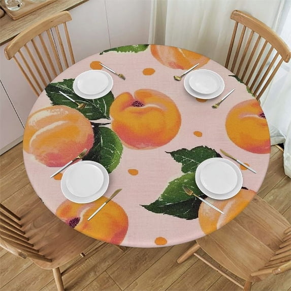 Nawypu Cute Peach Seamless Pattern Fitted Round Table Cover with Elastic Protector Table Kitchen Dinner Waterproof Oil-Proof Tablecloth