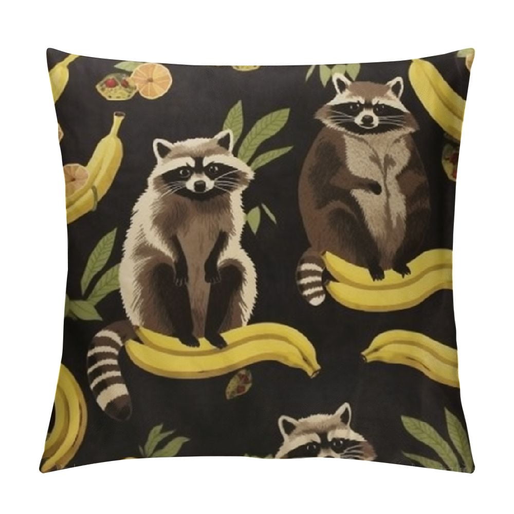 Nawypu Cute Raccoons Pillow Covers ,Funny Animal Brown Raccoon Eating Banana Black Throw Pillow