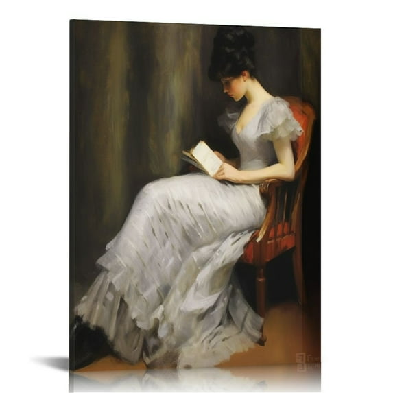 Nawypu Dark Academia Room Decor Vintage Aesthetics An Elegant Woman is Reading A Book Canvas Wall Art, Mid-Century Light Academia Decor Oil Painting for Dorm Bedroom Living Room
