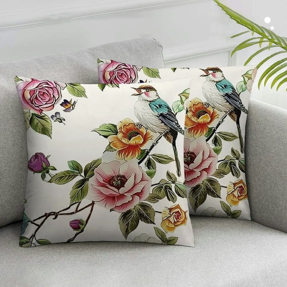 Nawypu Decorative Pillow Cover Soft 2pcs Watercolor Flower Red Humming Hand Graphic Retro Bird Flowers Roses Summer Carnation Peony Leaves Throw Pillow Cushion Cases for Sofa Couch Bed, 2pcs 24x24in