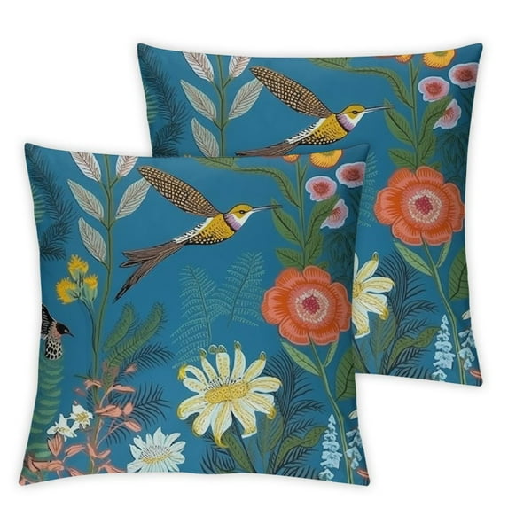 Nawypu Decorative Pillow Covers for Couch Victorian Colorful Celebration Vintage Engraving Floral Begonia Colibri Pattern Exotic Fern Blue Decorative Square Pillow Covers for Couch 2pcs