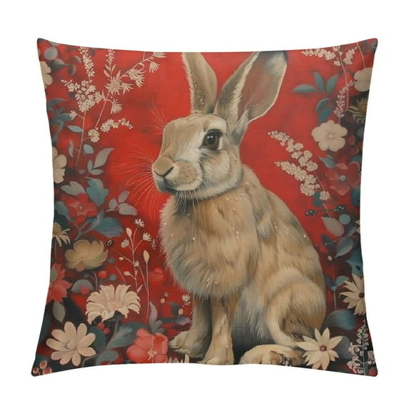 Nawypu Decorative Pillow Covers Rabbit with Flowers in A Red Background Satin Modern Cushion Case Vintage Farmhouse Bunny Throw Pillows Covers Cushion Case for Sofa Couch Hidden Zipper