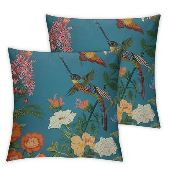 Nawypu Decorative Square Throw Pillow Cover Victorian Colorful Celebration Vintage Engraving Floral Begonia Colibri Pattern Exotic Fern Blue Cushion Covers Pillowcase Home Decor 2pcs