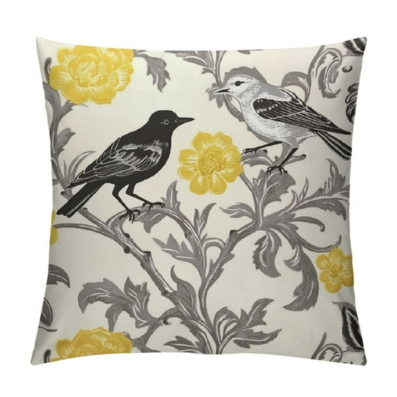 Nawypu  Decorative Throw Pillow Cover Square Trendy Yellow Gray Ivory Vintage Floral Bird Lumbar Pillowcase with Hidden Zipper Decor Cushion Gift for Holiday Sofa Bed