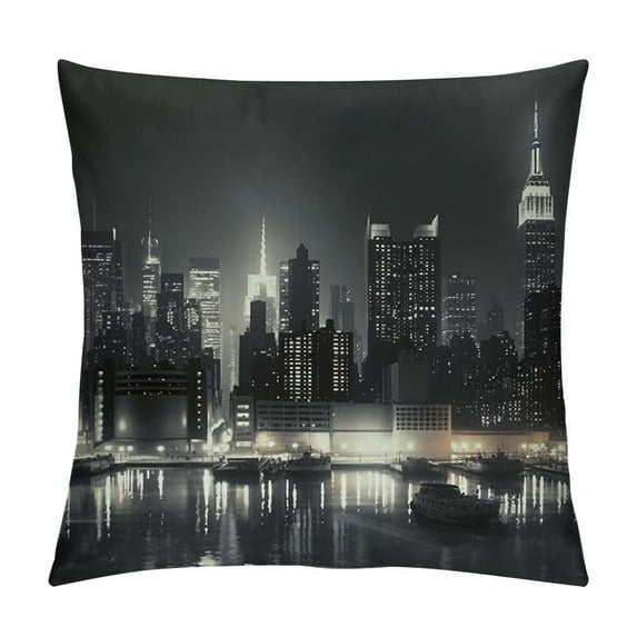 Nawypu Decorative Throw Pillow Cover White New York City Manhattan Midtown Skyline Finance Metropolitan Black Night River Office Soft Cushion Case Square Pillowcase for Couch Sofa