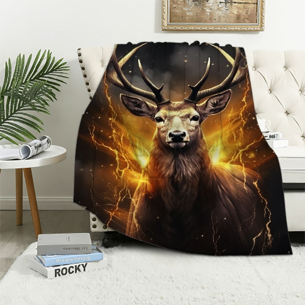 Nawypu Deer Gifts Blanket, Cool Black Gold Fire Lightning Deer Blankets