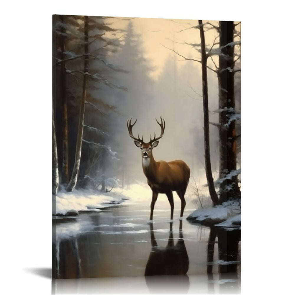 Nawypu Deer Wall Art Decor, Deer in a Snowy Forest Black Framed Wall ...
