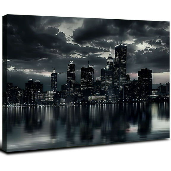 Nawypu Detroit Skyline Canvas Wall Art Cityscape Night Scene Black & White City Art Print on Canvas Modern Giclee Framed Painting for Room Decor Home Decor Detroit Skyline Picture Prints