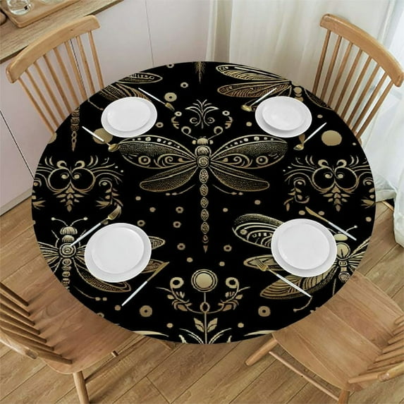 Nawypu Dragonflies Round Fitted Tablecloth Elastic Edge Waterproof Oil-Proof Table Cover Stain-Resistant Table Cloth Fits Round Tables