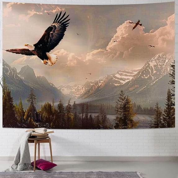 Nawypu Eagle Tapestry, Nature Photography of Rocky Mountains and Forest a Bird Flying over It, Fabric Wall Hanging Decor for Bedroom Living Room Dorm, Rose Green