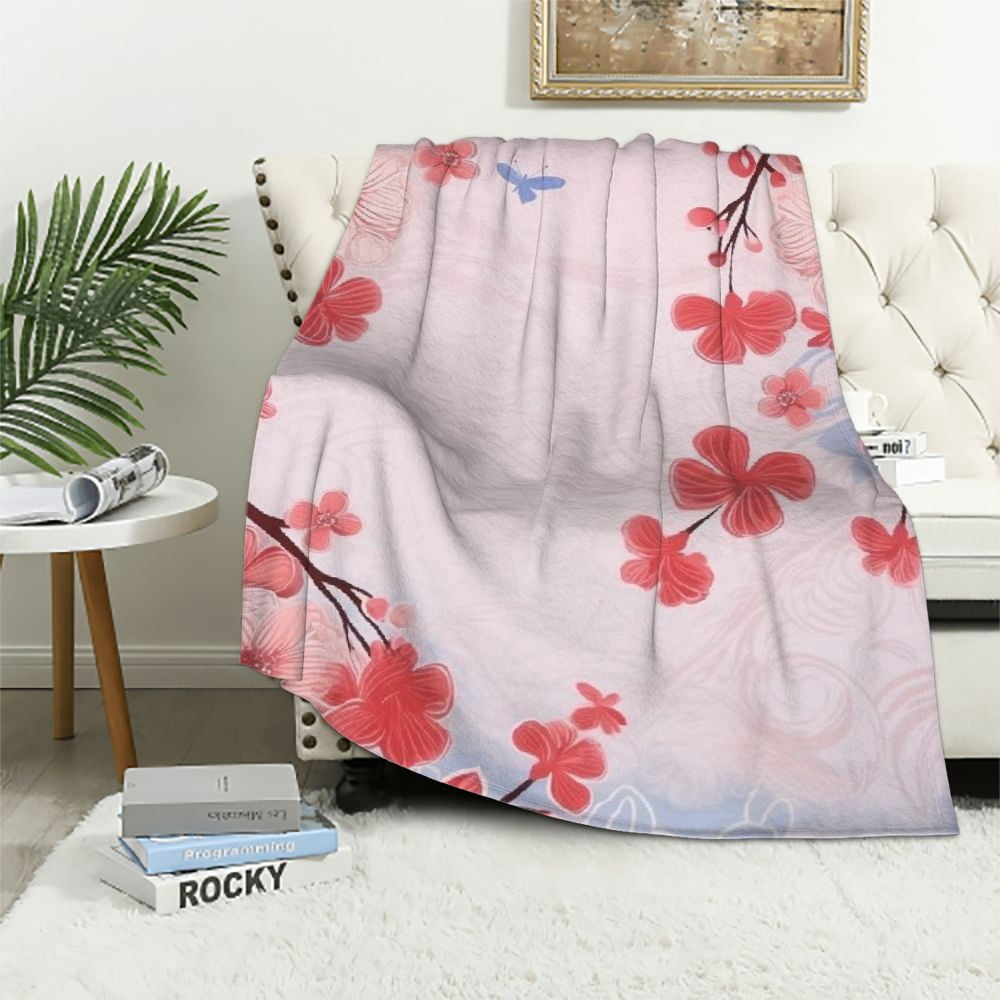 Cherry Blossom Fleece Throw Blanket - Japanese Sakura Floral Fuzzy Blanket For Bed, Sofa (50x60 Inches)