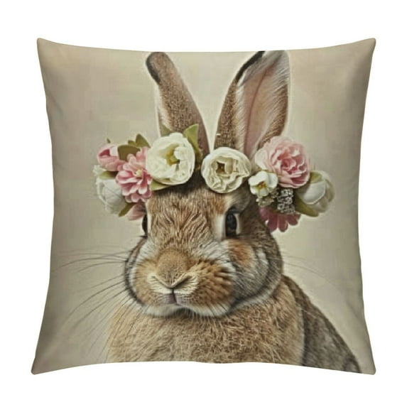 Nawypu Easter Bunny Throw Pillow Cover Cute Rabbits Bunny Pillows Floral Easter Bunny Decor Linen Throw Pillow Case Cushion Cover Decorations for Home Sofa Bed