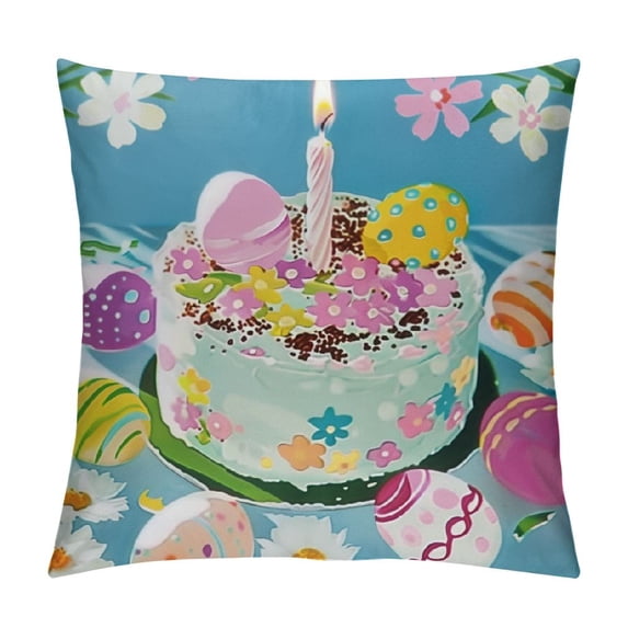 Nawypu Easter Eggs Throw Pillow Covers Festival Cake Candle Flowers Grassland Colorful Soft for Easter Party Decor for Outdoor Patio Couch Bedroom Sofa Light Cushion Cases