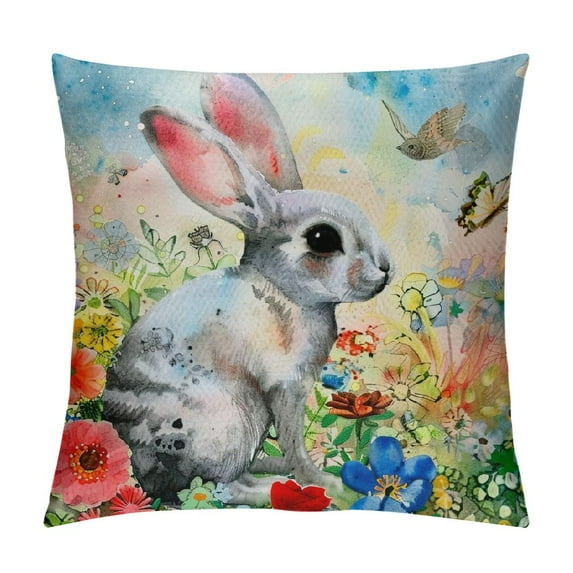 Nawypu Easter Pillows Covers Rabbit Bunny with Floral Pillows Case Watercolor Spring Flower Cushion Covers Holiday Farmhouse Outdoor Happy Easter Decor for Couch Sofa Home Patio Garden