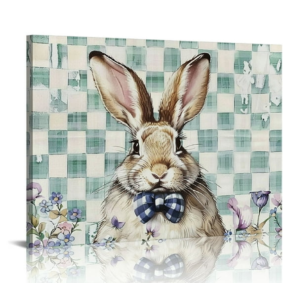 Nawypu Easter Rabbit Wall Art For Living Room/Bedroom, Canvas Bathroom Decor Wall Art Kitchen Office Framed Wood Picture, Buffalo Plaid Eggs Spring Garden Herbs